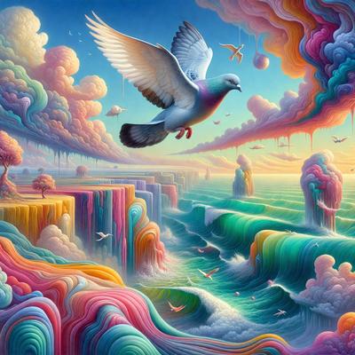 The primary subject of the image is a bird, which is flying over a body of water. The bird is surrounded by a vibrant and colorful environment, with a rainbow-colored sky and a colorful landscape beneath it. The setting includes a cliff, a tree, and a birdhouse, adding to the overall atmosphere of the scene. The visual style of the image is a combination of digital art and illustration, creating a whimsical and imaginative scene. The colors and mood of the image are l